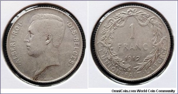 Belgium 1 franc.
1912, King Albert I. French text. Ag 835. Weight; 5g.