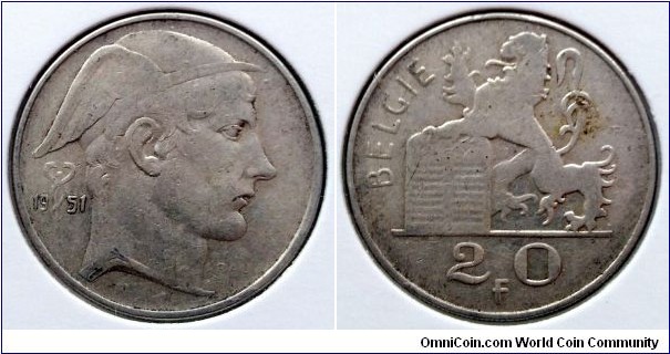 Belgium 20 francs.
1951, Dutch text.
Ag 835. Weight; 8g.