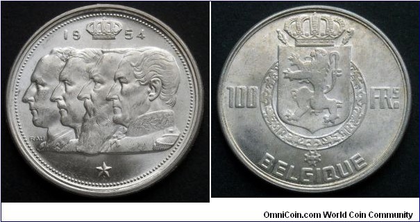 Belgium 100 francs, 1954, Belgian Kings of Coburg dynasty facing left - from the right: Leopold I, Leopold II, Albert I, and Leopold III. French text. Ag 835. Weight; 18g. (II)
