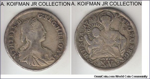 KM-335, 1745 Hungary 15 krajczar, Kremnica mint (KB mint mark); silver, corded edge; Empress Maria Theresia, imperial coinage decent grade, about very fine.