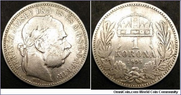 Austro-Hungarian Monarchy 1 korona. 1895, Hungary. Ag 835. Weight; 5g. Mintage: 18.544.465 pcs.