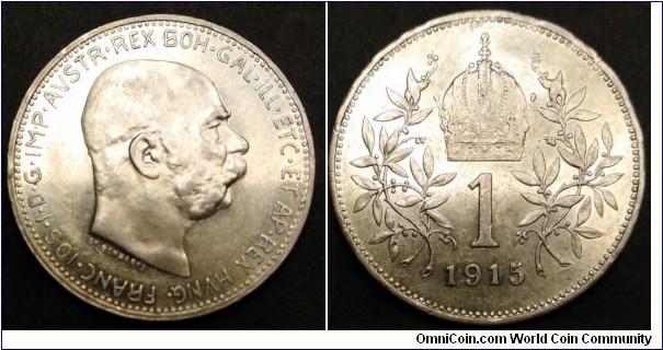Austro-Hungarian Monarchy 1 corona.
1915, Austria. Ag 835. Weight; 5g. Mintage: 23.000.134 pcs.