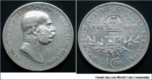 Austro-Hungarian Monarchy 1 corona. 1908, Austria. 60th Anniversary of the Reign of Franz Joseph I. Ag 835. Weight; 5g. Mintage: 4.784.992 pcs.