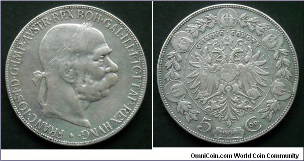 Austro-Hungarian Monarchy 5 corona.
1900, Austria. Ag 900. Weight; 24g. Mintage: 8.525.000 pcs.