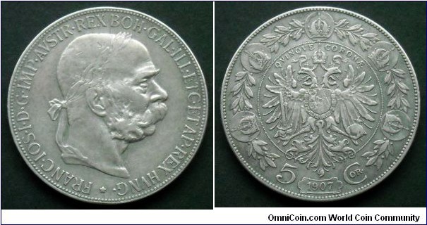 Austro-Hungarian Monarchy 5 corona. 1907, Austria. Ag 900. Weight; 24g. Mintage: 1.539.000 pcs.