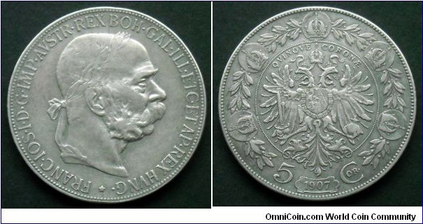 Austro-Hungarian Monarchy 5 corona. 1907, Austria. Ag 900. Weight; 24g. Mintage: 1.539.000 pcs.