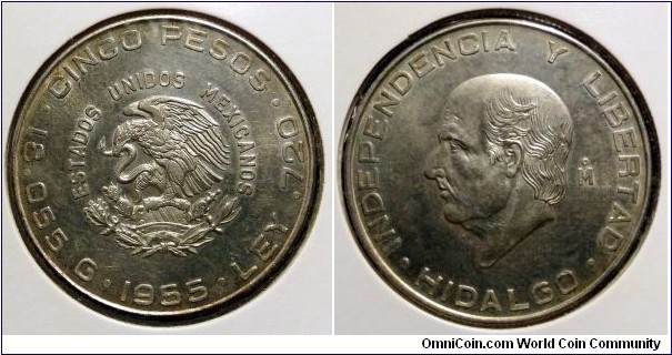 Mexico 5 pesos.
1955, Ag 720. Weight; 18,05g. Mintage: 4.271.000 pcs.