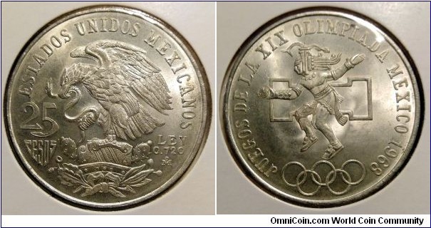 Mexico 25 pesos. 1968, 1968 Summer Olympics - Mexico '68. Ag 720. Weight; 22,5g.