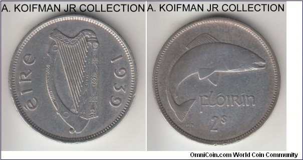 KM-15, 1939 Ireland florin; silver, reeded edge; Republic, first year of the type and rather high mintage, good very fine details, especially on obverse, few minute reverse edge nicks, probably cleaned in the past.