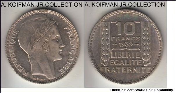 KM-878, 1939 France 10 francs; silver, reeded edge; last year of the type with smaller mintage, nice bright lustrous good extra fine to almost uncirculated.