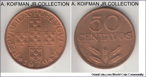 KM-596, 1979 Portugal 50 centavos; bronze, plain edge; common Republic coinage, mostly red uncirculated with a bit of toning starting on reverse.