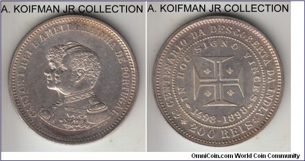 KM-537, 1898 Portugal 200 reis; silver, reeded edge; Carlos I, 500 years of discovery of India commemorative, lightly toned average uncirculated.