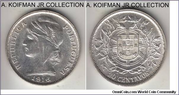 KM-562, 1916 Portugal 20 centavos; silver, reeded edge; early Republic coinage, uncirculated details, not sure if it had been cleaned or not.