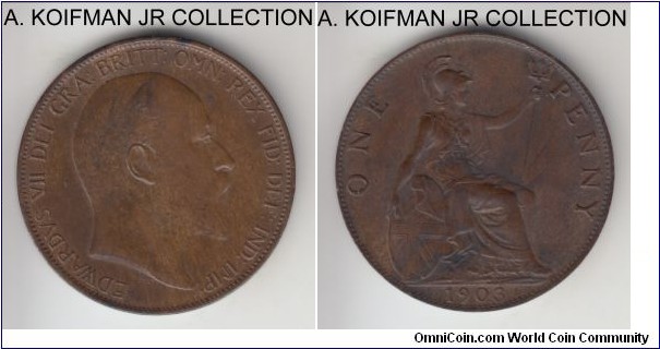 KM-794.2, 1903 Great Britain penny; bronze, plain edge; Edward VII, more common year, ormal 3 variety, brown uncirculated or almost.