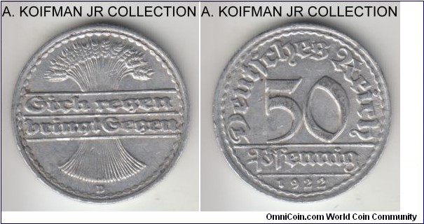 KM-27, 1922 Germany (Weimar Republic) 50 pfennig, Munich mint (D mint mark); aluminum, reeded edge; early Weimar mintage, extra fine or about.
