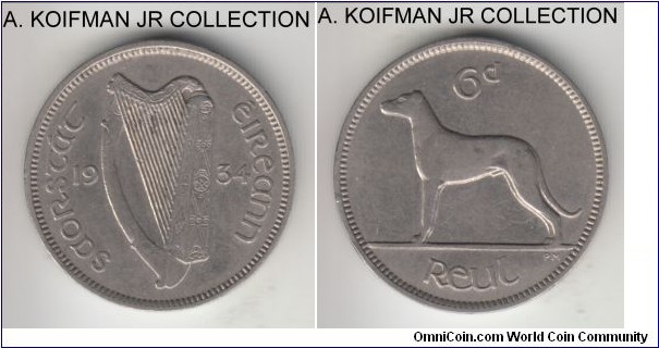 KM-5, 1934 Ireland (Free State) 6 pence; copper-nickel, plain edge; good very fine to about extra fine.