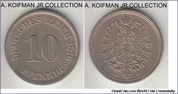 KM-4, 1876 Germany (Empire) 5 pfennig, Hamburg mint (J mint mark); copper-nickel, plain edge; Wilhelm I, common year/mint mark, good very fine to extra fine details with visible shield details, cleaned in the past.