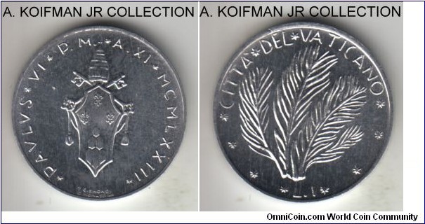 KM-116, 1973 Vatican lira; aluminum, plain edge; Paul VI, year XI, mintage 132,000, bright uncirculated.