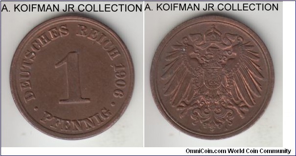 KM-10, 1906 German (Empire) pfennig, Berlin mint (A mint mark); copper, plain edge; Wilhelm I, brown uncirculated, a bit of luster on reverse deep in the fields.