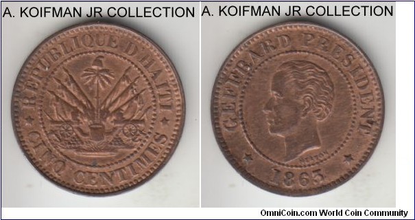 KM-39, 1863 Haiti 5 centimes, Heaton mint (UK, HEATON mint mark); bronze, plain edge; President Geffrard, 1-year circulation type and scarce in high grades, red brown uncirculated.
