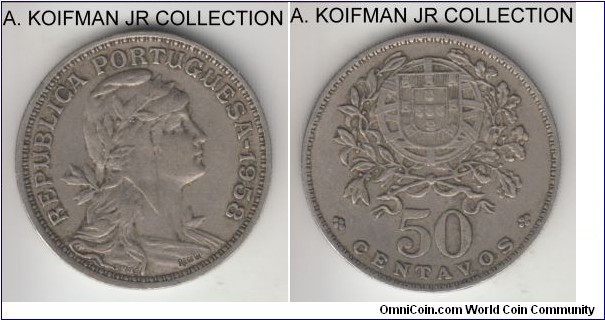 KM-577, 1958 Portugal 50 centavos; copper-nickel, reeded edge; one of the more common years, good very fine.