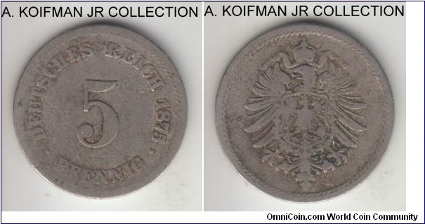 KM-3, 1875 Germany (Empire) 5 pfennig, Hamburg mint (J mint mark); copper-nickel, plain edge; Wilhelm I, early unification coinage, well circulated.