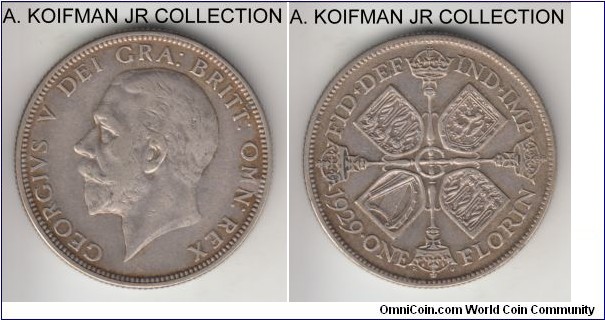 KM-834, 1929 Great Britain florin; silver, reeded edge; George V, common year, very fine or so, nicely toned.