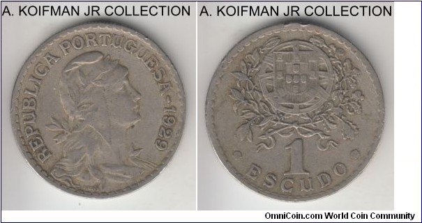KM-578, 1929 Portugal escudo; copper-nickel, reeded edge; early type years, good fine to very fine, few minor edge nicks.