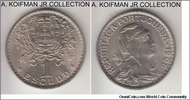 KM-578, 1968 Portugal escudo; copper-nickel, reeded edge; last year of the type, nicer choice uncirculated.