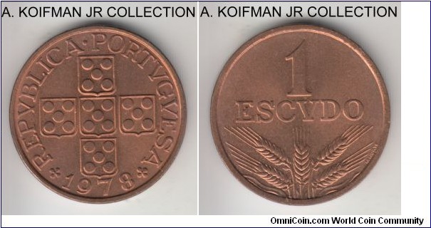 KM-597, 1978 Portugal escudo; bronze, plain edge; large type, darker choice uncirculated.