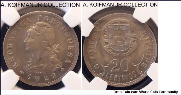 KM-3, 1929 St. Thomas and Principe (Portuguese colony) 20 centavos; copper nickel, reeded edge; NGC graded MS 66.