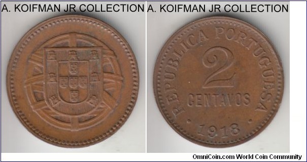 KM-568, 1918 Portugal 2 centavos; bronze, plain edge; 3-year early Republican type, relatively common, almost uncirculated details, toned.
