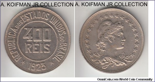 KM-520, 1923 Brazil 400 reis; copper-nickel, plain edge; large coin, scarce type in high grade, uncirculated or almost.