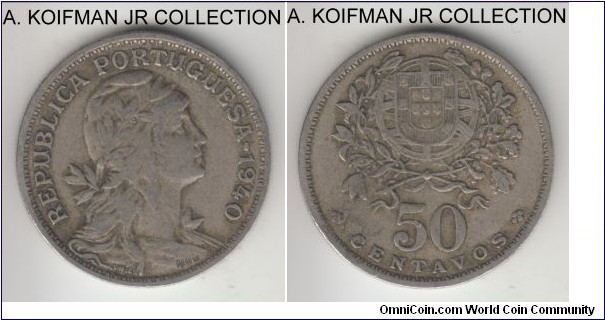 KM-577, 1940 Portugal 50 centavos; copper nickel, reeded edge; smaller mintage, average circulated, very fine or almost.