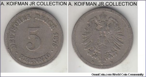 KM-3, 1875 Germany (Empire) 5 pfennig, Hannover mint (B mint mark); copper-nickel, plain edge; Wilhelm I, early unification coinage, scarcer mint that only minted this type for 3 years from 1874 to 1876, average circulated.