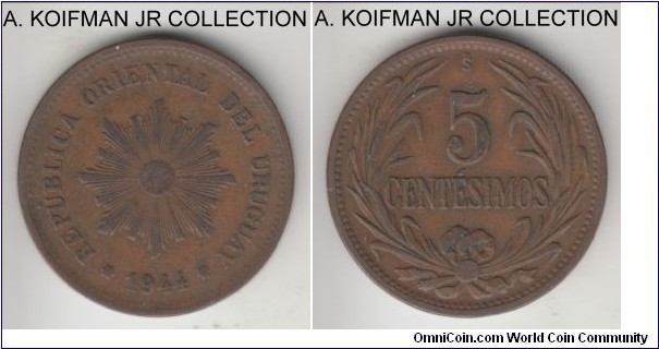 KM-21a, 1944 Uruguay 5 centesimos, Santiago de Chile mint (So mint mark); copper, plain edge; toned brown good very fine.
