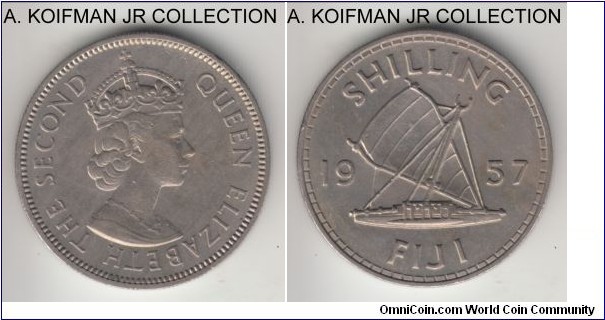 KM-23, 1957 Fiji shilling; copper-nickel, reeded edge; Elizabeth II, smaller mintage type, light toning on this choice uncirculated coin.