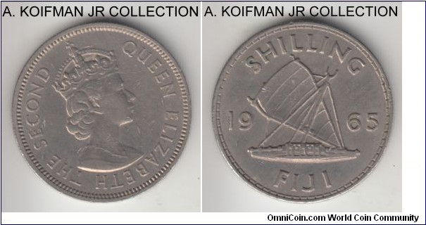 KM-23, 1965 Fiji shilling; copper-nickel, reeded edge; Elizabeth II, last year of the type, extra fine details, but quite a few bag marks and cleaned.