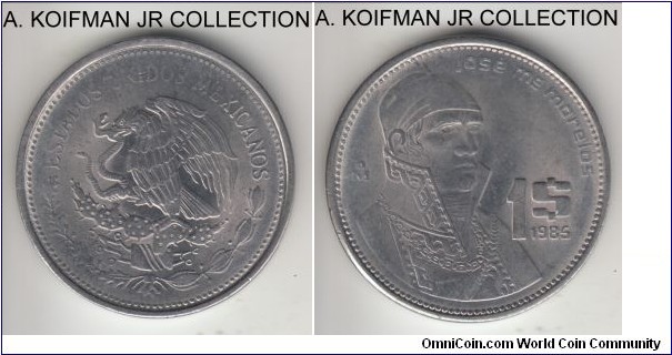 KM-496, 1985 Mexico peso; stainless steel, reeeded edge; modern Republic, common issue, average uncirculated.
