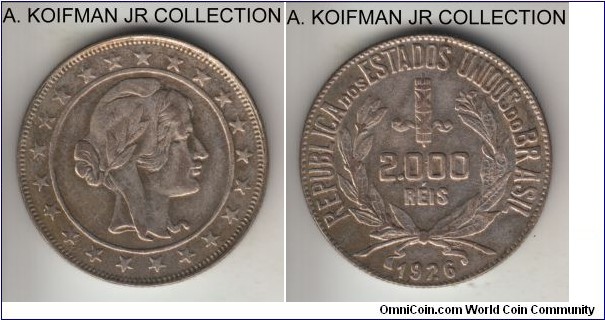 KM-526, 1925 Brazil 2000 reis; silver, reeded edge; laureate Liberty type, decent circulated very fine or about.