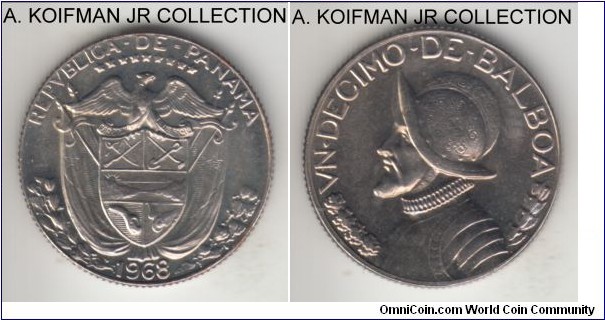 KM-10, 1968 Panama 1/10 balboa; copper-nickel clad copper, reeded edge; Type 2, Philadelphia mint, bright uncirculated.