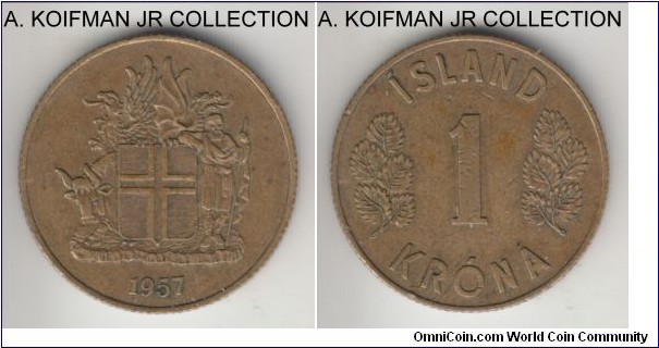 KM-12a, 1957 Iceland krona; nickel-brass, reeded edge; second post-war type, good very fine.