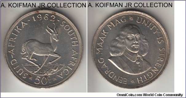 KM-62, 1962 South Africa (Republic) 50 cents; proof, silver, reeded edge; 2'nd year of transitional coinage, proof (3,844) or proof like (6,025) finish, excellent surfaces, a couple of toning spots.