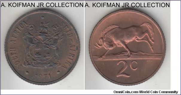 KM-83, 1971 South Africa 2 cents; bronze, reeded edge; early Republican coinage gem brown uncirculated, taken from one of the mint sets.