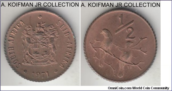 KM-81, 1971 South Africa 1/2 cent; bronze, reeded edge; one of the 8,000 (Krause) or 20,000 (Numista) minted for SAM mint sets, brown gem uncirculated.