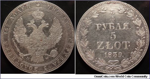 AR 3/4 Rouble or 5 Zlot 1839 MW