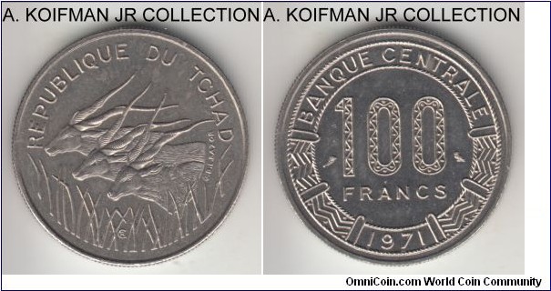 KM-2, 1971 Chad 100 francs, Paris mint; nickel, reeded edge; 2-year type, scarce despite nominally large mintage, bright uncirculated, especially reverse.