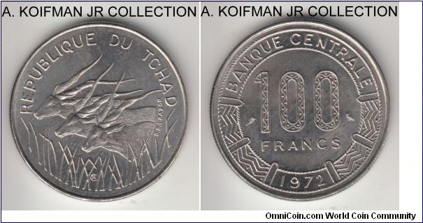 KM-2, 1972 Chad 100 francs, Paris mint; nickel, reeded edge; 2-year type, scarce despite nominally large mintage, bright uncirculated, a bit of colorful reverse toning.