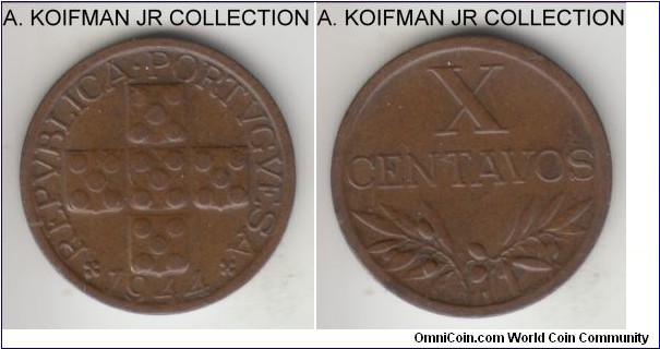 KM-583, 1944 Portugal 10 centavos; bronze, plain edge; relatively common year, hard to judge the grade, maybe extra fine or so (unless weakly struck).