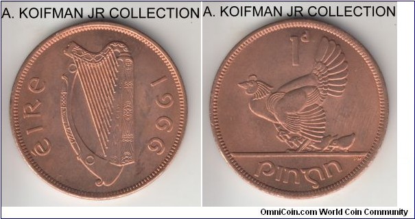 KM-11, 1966 Ireland penny; bronze, plain edge; Republic late pre-decimal and common, mostly red uncirculated.